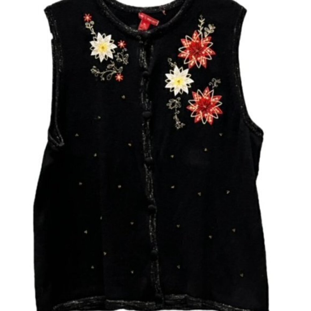 Merry &‎ Bright Christmas Sweater Vest Women's XL Beaded Embroidered Poinsettia